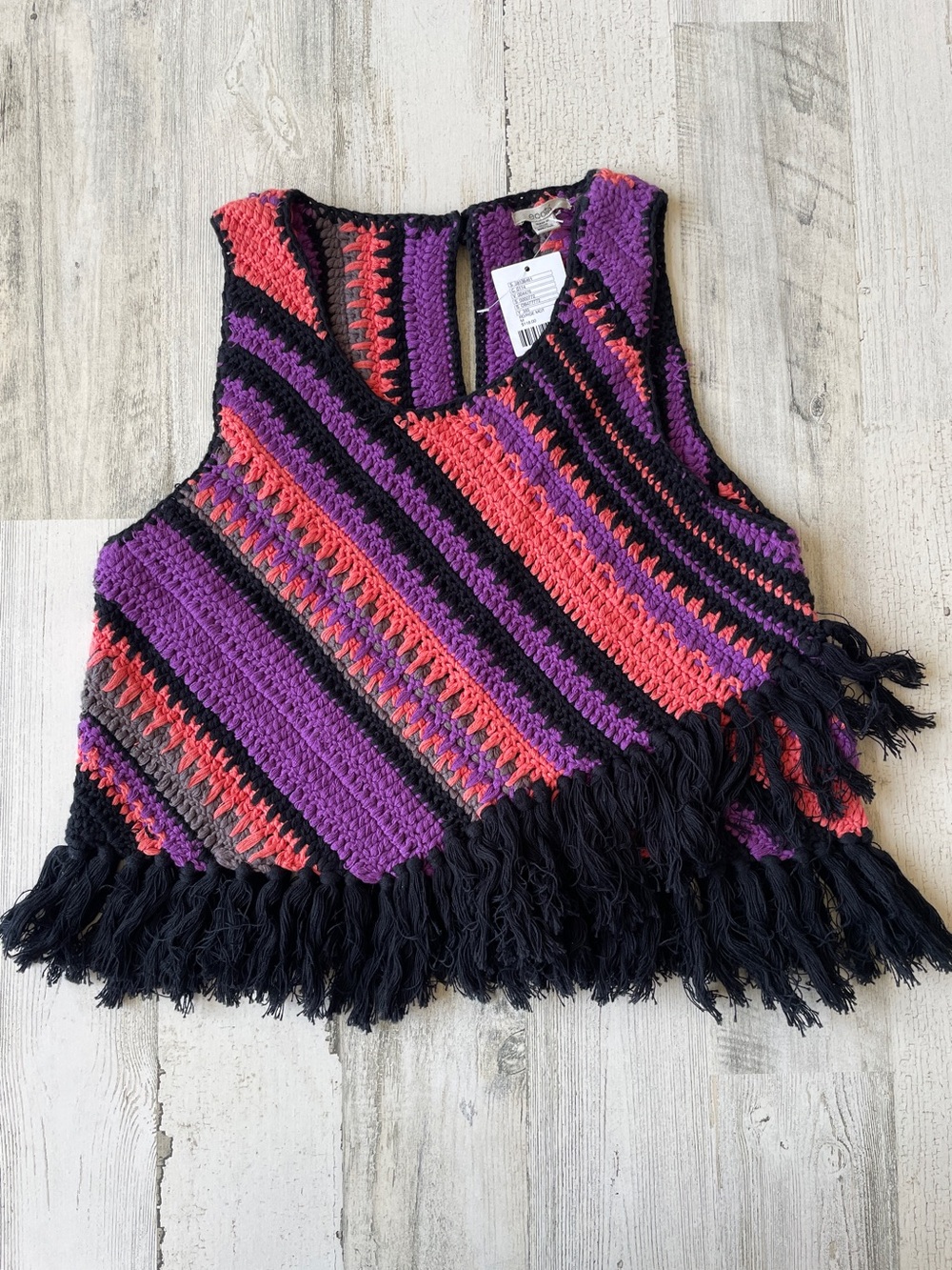 Anthropologie Ecote Crochet Fringe Tank Top in Purple, Coral & Black SZ M